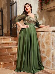 Plus Size V-Neck Embroidered Lace Medium-Length Sleeve Color-Blocked Splicing Satin Decorative Buckle Long Dress With Flared Hem - Dark Green - View 3