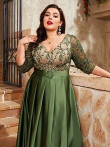 Plus Size V-Neck Embroidered Lace Medium-Length Sleeve Color-Blocked Splicing Satin Decorative Buckle Long Dress With Flared Hem - Dark Green - View 5