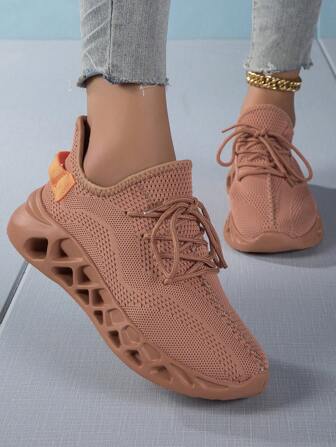 女士粗底運動鞋,純色、圓頭、低頭、綁帶、厚底、休閒運動、四季皆可、橘色、針織、戶外活動跑鞋