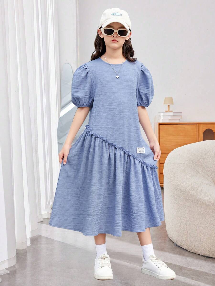SHEIN Vestido De Media Longitud Con Lindo Diseño De Mangas De Burbuja Y Cuello Redondo Para Niñas Adolescentes Con Diseño De Abertura - Azul - Ver 1