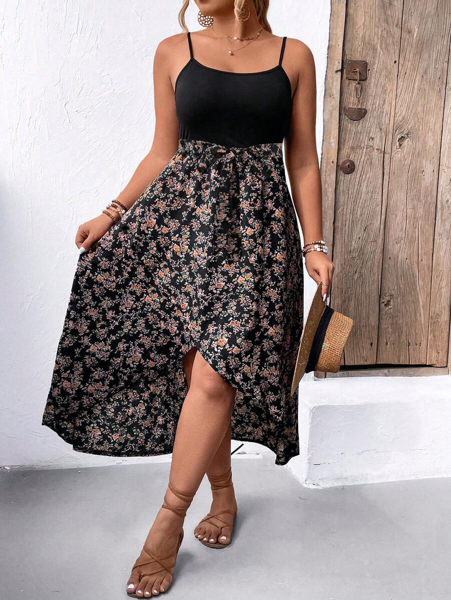 SHEIN LUNE Plus Size Floral Patchwork Wrap V-Neck Spaghetti Strap Dress Maxi Women Outfit