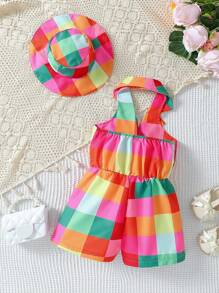SHEIN Young Girl Colorblock Halter Buttoned Half Placket Jumpsuit And Hat Set For Summer