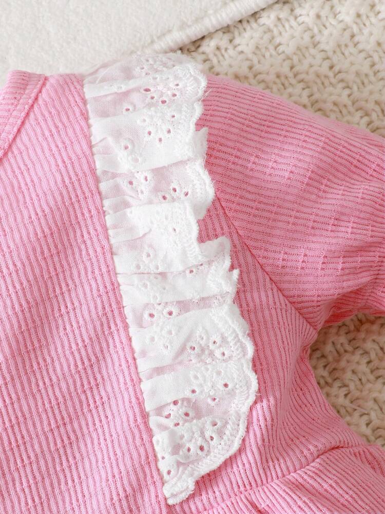 Baby Girl Knitted Jacquard Jumpsuit With Thickened Shoulders, Bubble Sleeves, And Lace Edging, With Headband For Homewear