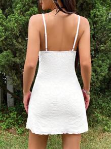 SHEIN EZwear Women's Solid Color V-Neck Mesh Velvet Dress,White Graduation Dress - White - View 2