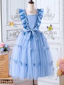 少女優雅貴族蝴蝶與花朵3D裝飾連衣裙 - 藍色 - 查看 1