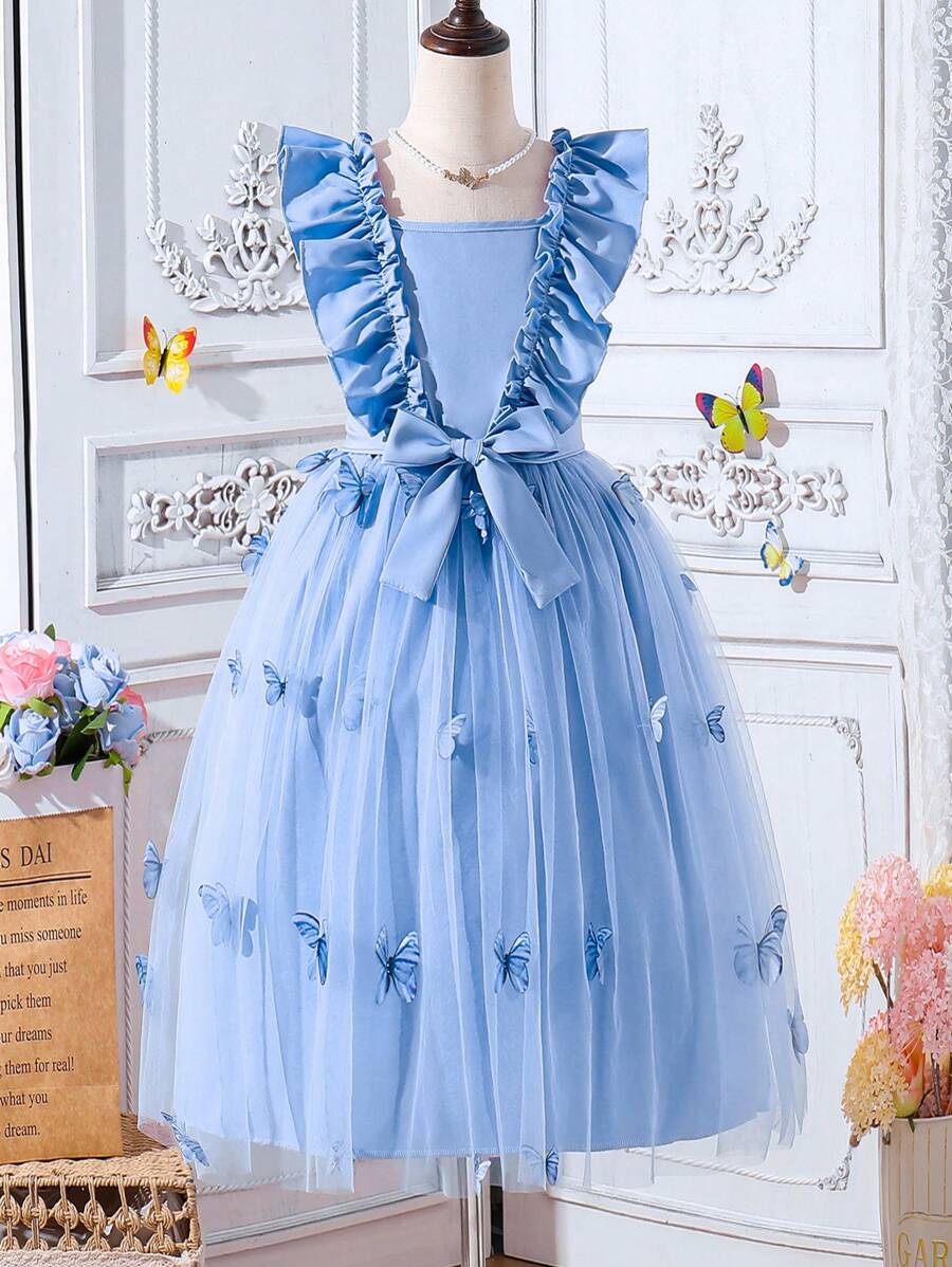 少女優雅貴族蝴蝶與花朵3D裝飾連衣裙 - 藍色 - 查看 1