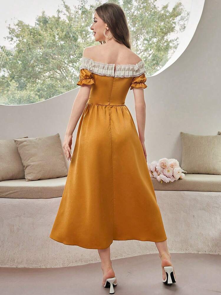 Color Block Off Shoulder Ruffle Trim Cross Tie Waist Dress