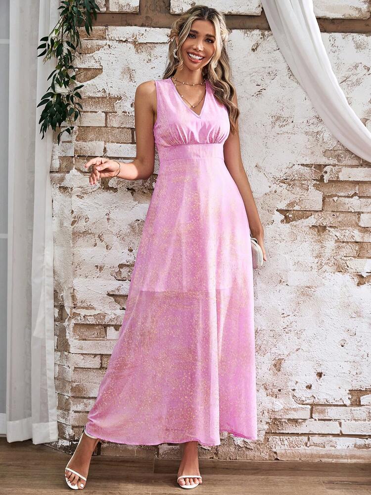 Women's Pink Pleated Button Front Square Neckline Dress