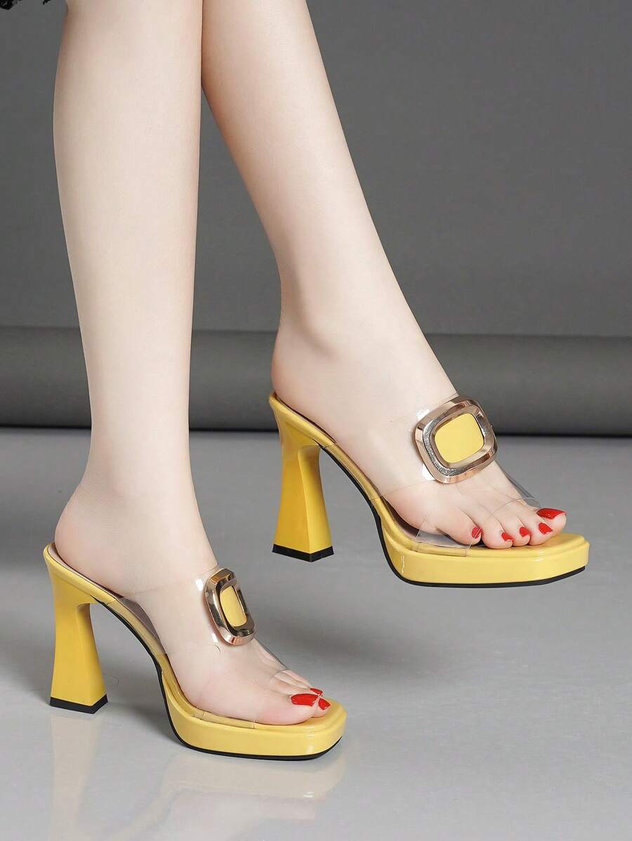 New Summer Women's High Heel Sandals With Chunky Heel, Platform, Metal Decoration, Transparent Backless Slides - Yellow - View 1