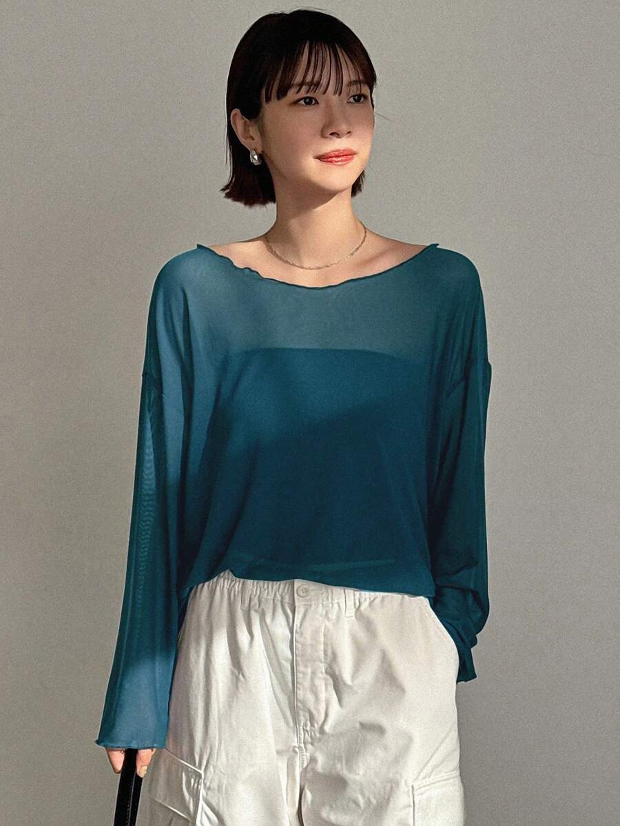 FRIFUL 纯色休闲长袖透明网眼船领上衣，秋季女装