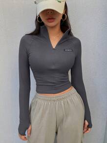 DAZY 女式拇指孔修身短款长袖 T 恤，秋季服装女式高领衫 - 灰色 - 查看 4