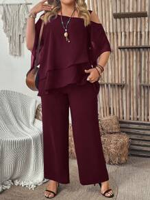 Momelise Bộ quần áo và áo thun cổ bất đối xứng màu trơn cỡ lớn cho nữ - Màu Đỏ Sâu - Xem 5