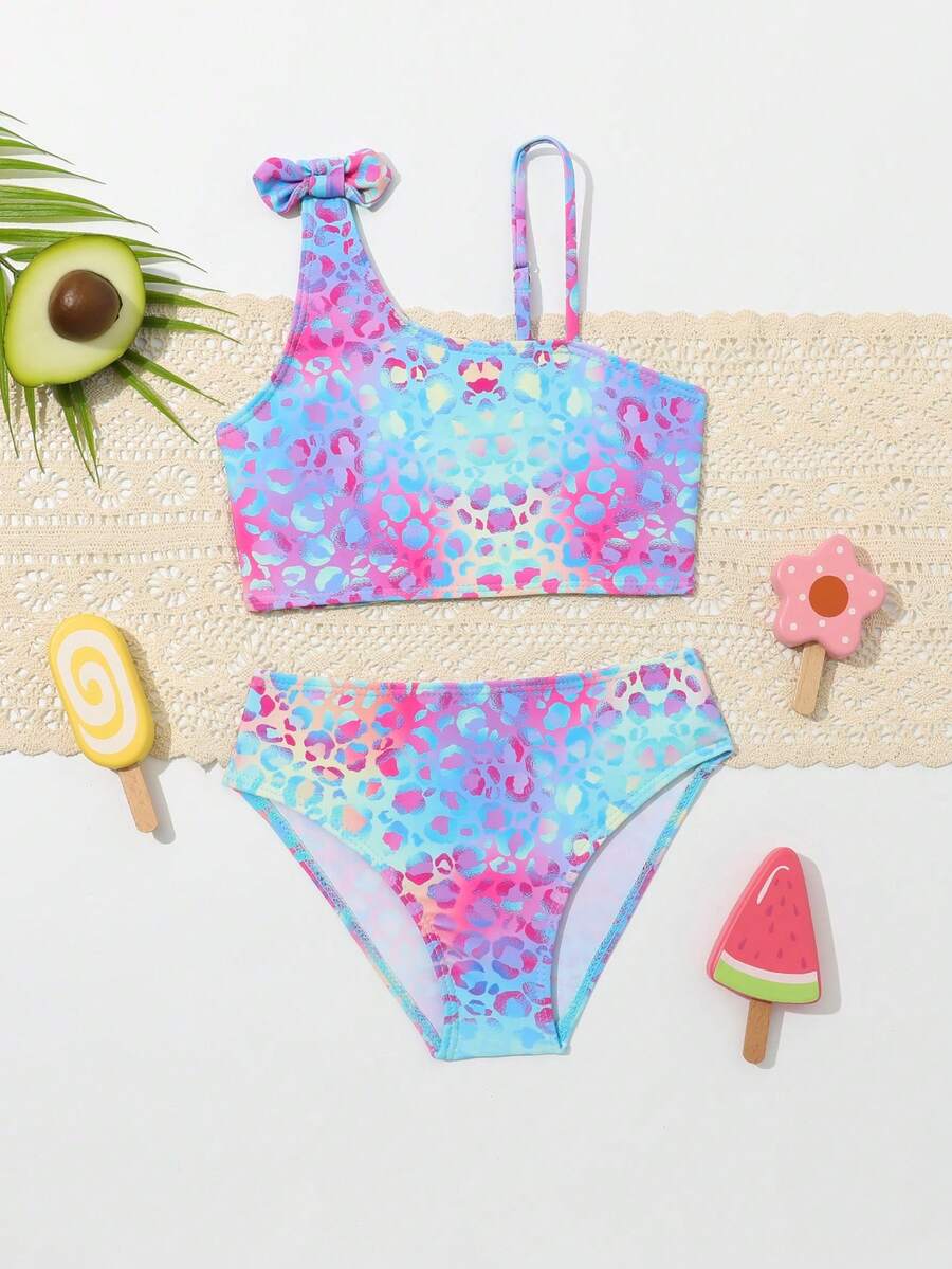 Young Girl Fashionable Bow Print Bikini Set And Swim Shorts Set Summer Beach - Multicolor - View 1