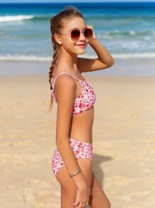 SHEIN Conjunto de bikini con estampado de flores pequeñas y tirantes de espagueti para adolescente