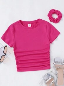 SHEIN Girlism Camiseta De Malha De Manga Curta Enrugada E Lisa De Cor Sólida Para Adolescentes Com Decote Redondo E Um Acessório De Cabelo - Pink - Visão 3