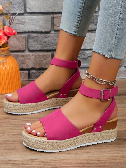 1 Pair Women's Fashion Thick-Sole Sandals With Buckle Design, Woven Thick Sole For Comfort, Suitable For Summer Daily Wear, Casual And Commuting, Fashionable And Practical Platform Sandals,Travel Essential