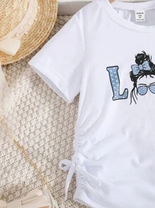 Tween Girl Figure & Letter Graphic Tee & Polka Dot Pants - Blue and White - View 5