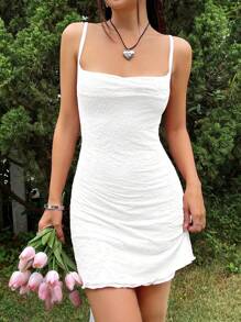 SHEIN EZwear Women's Solid Color V-Neck Mesh Velvet Dress,White Graduation Dress - White - View 1