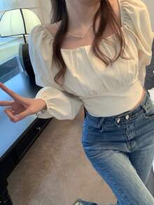 Women's Fashion Elegant Solid Color Ruffle Design Blouse,Long Sleeve Tops - Apricot - View 3