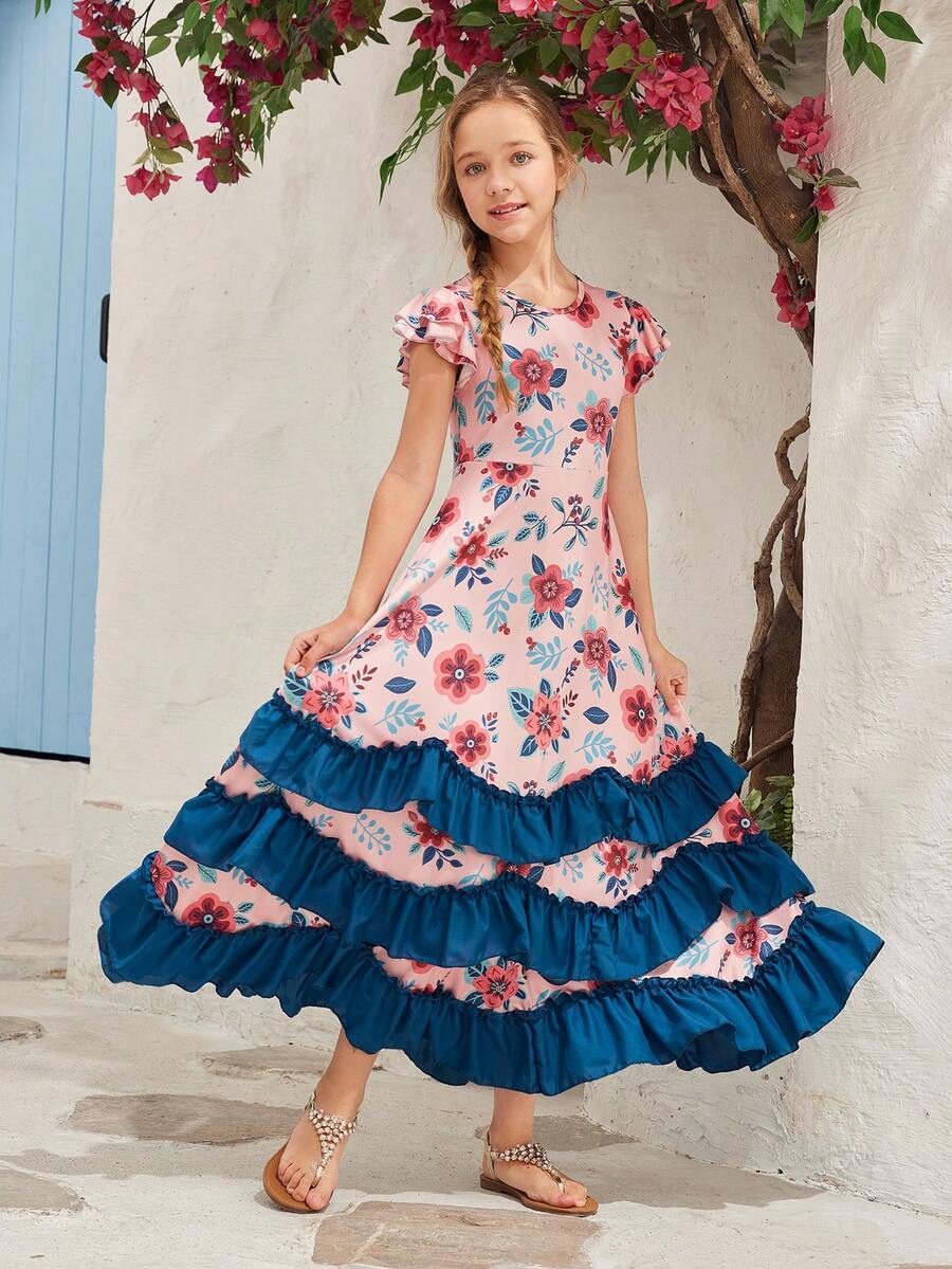SHEIN Tween Girls' Flower Print Ruffle Trim Dress - Multicolor - View 1
