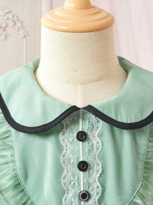 SHEIN Vestido curto de verão para meninas com gola Peter Pan e manga bufante com bainha de malha