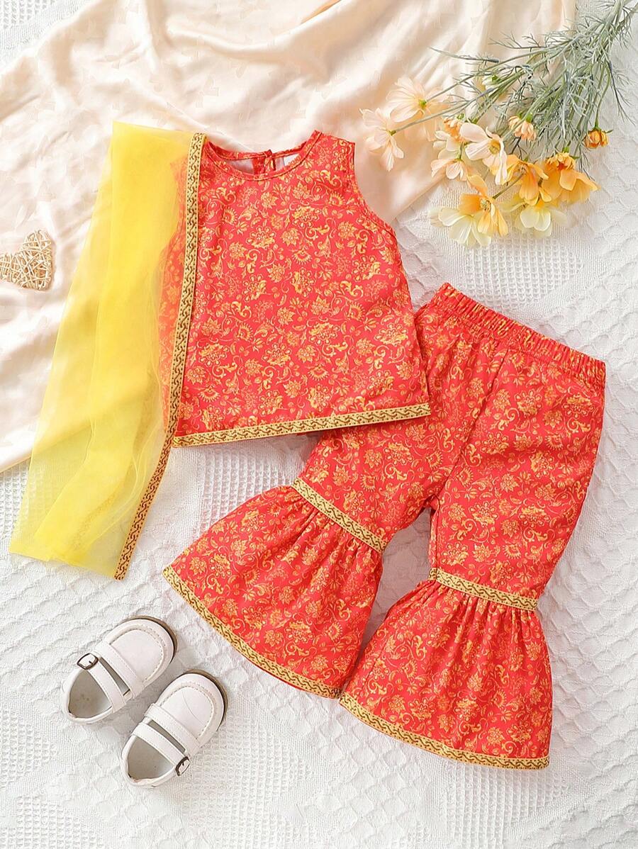 Baby Girl Sleeveless Woven Top And Flared Pants Set - Red - View 1