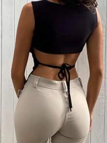 INAWLY Áo ba lỗ không tay màu trơn có dây buộc - màu đen - Xem 3
