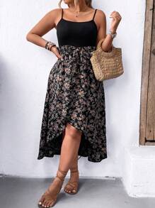 SHEIN LUNE Plus Size Floral Patchwork Wrap V-Neck Spaghetti Strap Dress Maxi Women Outfit