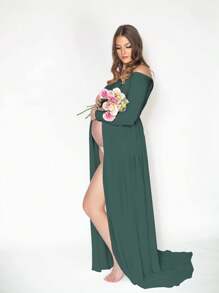 Đầm chụp ảnh bầu bằng vải chiffon phối nhiều mảnh, xẻ tà phía trước, tay dài, thích hợp cho buổi chụp ảnh mùa xuân. - Màu xanh lá cây đậm - Xem 3