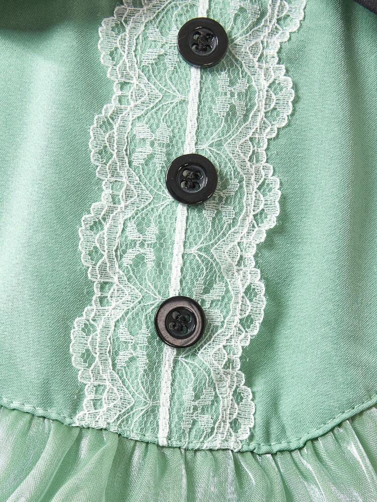 Young Girl Summer Peter Pan Collar Short Puff Sleeve Dress With Mesh Hem