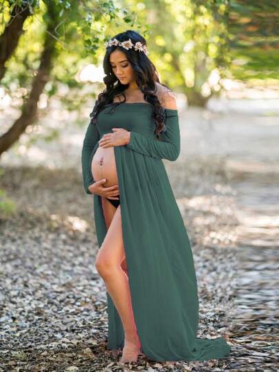 Maternity Chiffon Patchwork Front Slit Photography Dress With Long Sleeve, For Photoshoot Spring