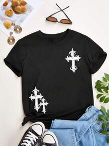 INAWLY Cross Print Round Neck T-Shirt Graphic Tees Women Tops