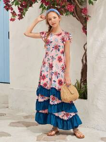 SHEIN Tween Girls' Flower Print Ruffle Trim Dress - Multicolor - View 4