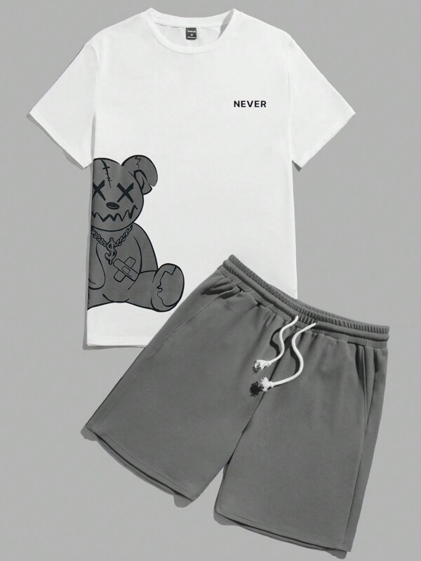 Manfinity VCAY Set de vară din două piese, tricou și pantaloni scurți cu imprimeu de ursuleți, tricotat