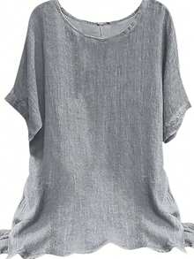 Top Holgado De Cuello Redondo Sólido Y Translúcido Sin Estiramiento Para Mujeres Con Talla Grande - Gris - Ver 3