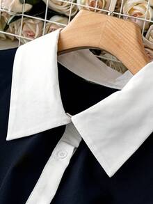 SHEIN CURVE+ Plus Size Button Down Sleeveless Shirt With Collar Patchwork - Navy Blue - View 3