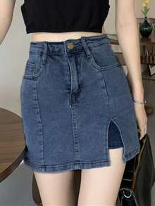 素色下擺開叉牛仔裙褲 - 中等水洗藍 - 查看 4