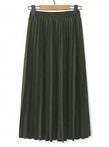 Celure 女性加大尺碼彈性腰皺褶裙,純色中長款裙子 - 軍綠色 - 查看 2