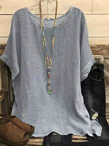 Top Holgado De Cuello Redondo Sólido Y Translúcido Sin Estiramiento Para Mujeres Con Talla Grande - Gris - Ver 1