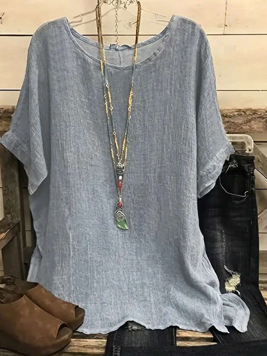 Top Holgado De Cuello Redondo Sólido Y Translúcido Sin Estiramiento Para Mujeres Con Talla Grande - Gris - Ver 1