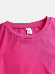 SHEIN Girlism Camiseta De Malha De Manga Curta Enrugada E Lisa De Cor Sólida Para Adolescentes Com Decote Redondo E Um Acessório De Cabelo - Pink - Visão 5