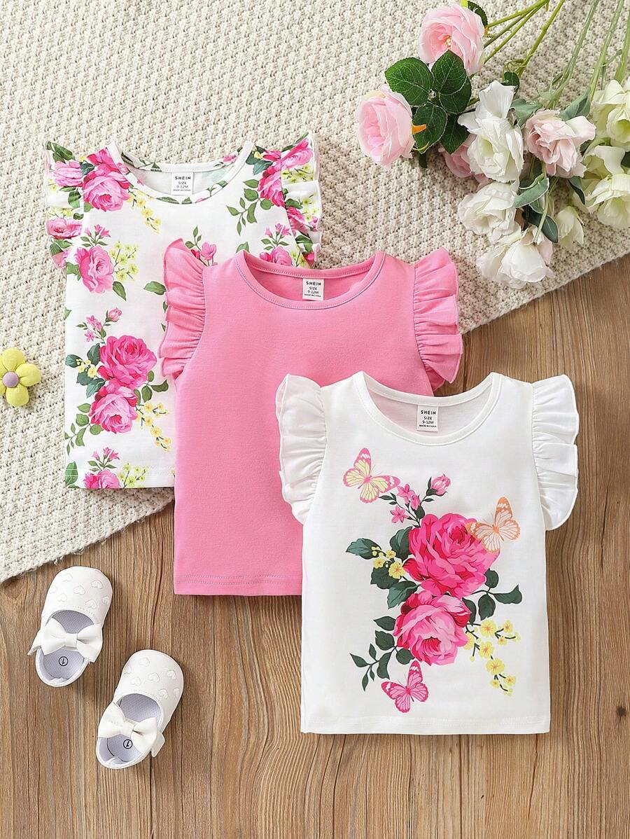 Floral Printed Baby Girl Flutter Sleeve Tops Set, Summer - White - View 1