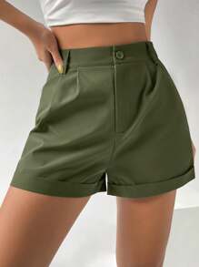 SHEIN x Marika Sila SHEIN EZwear Shorts Femininos com Bainha Plissada e Dobrada para o Verão - Verde de Exercício - Ver 3