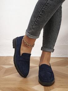 Women's Round Toe Low Heel Loafers With Thick Sole For Spring Autumn Casual Wear - Navy Blue - View 8