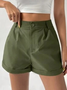 SHEIN x Marika Sila SHEIN EZwear Shorts Femininos com Bainha Plissada e Dobrada para o Verão - Verde de Exercício - Ver 1