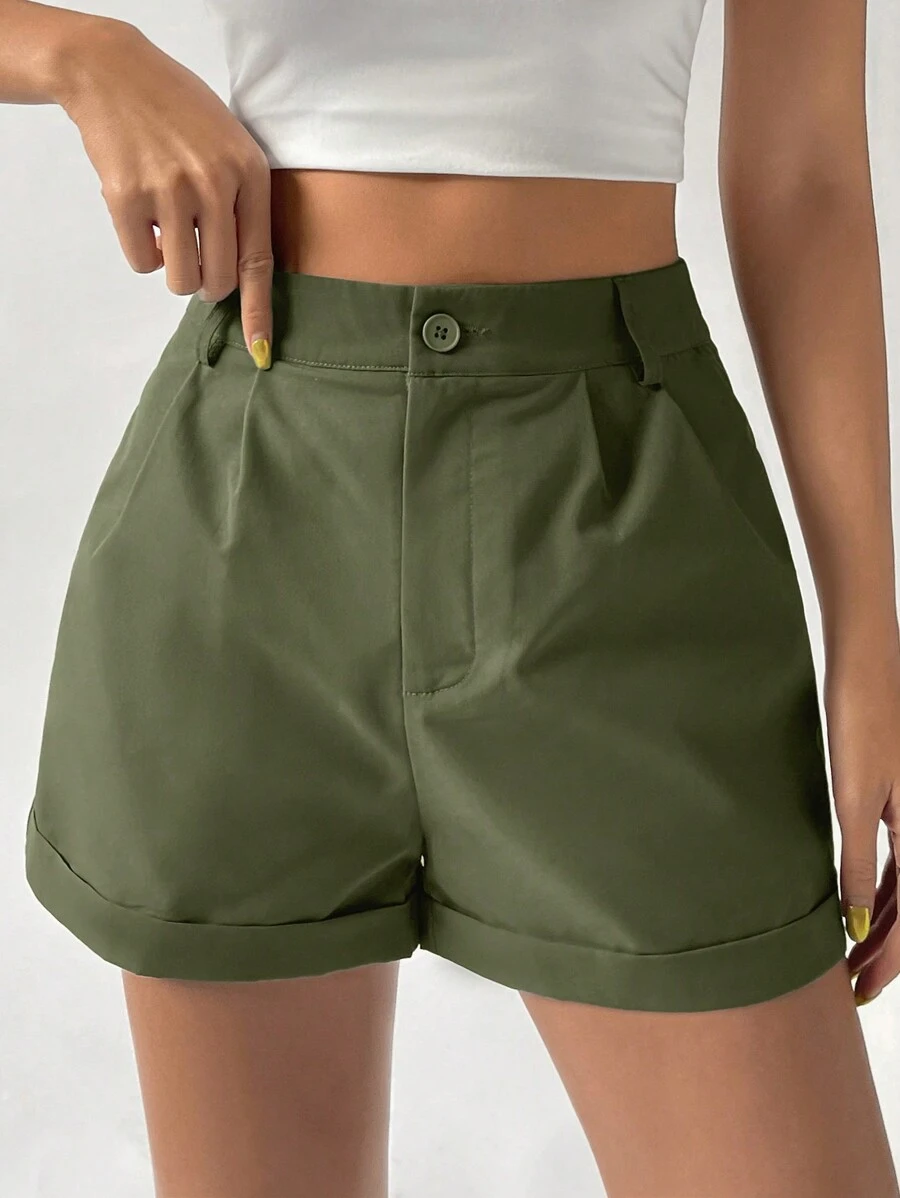 SHEIN x Marika Sila SHEIN EZwear Shorts Femininos com Bainha Plissada e Dobrada para o Verão - Verde de Exercício - Ver 1