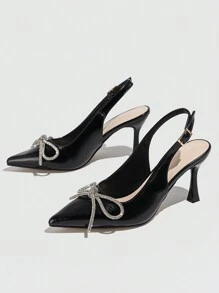 Women's Pointed Toe Stiletto Heels With Rhinestone Bow Decoration - Black - View 2