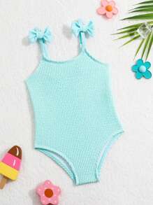 寶寶女孩夏季泳衣/特殊皮克織物/飾有小蝴蝶結 - 淺藍色 - 查看 1