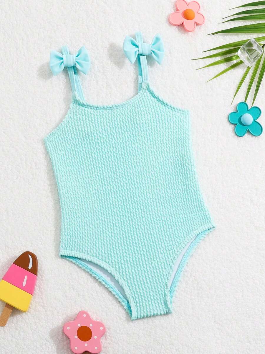 寶寶女孩夏季泳衣/特殊皮克織物/飾有小蝴蝶結 - 淺藍色 - 查看 1