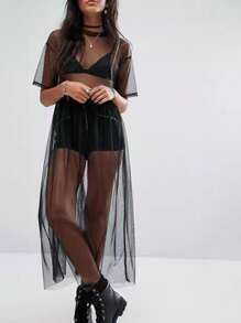 Vestido de verano holgado, transparente, de manga corta y cuello redondo de malla para mujer - Negro - Ver 3